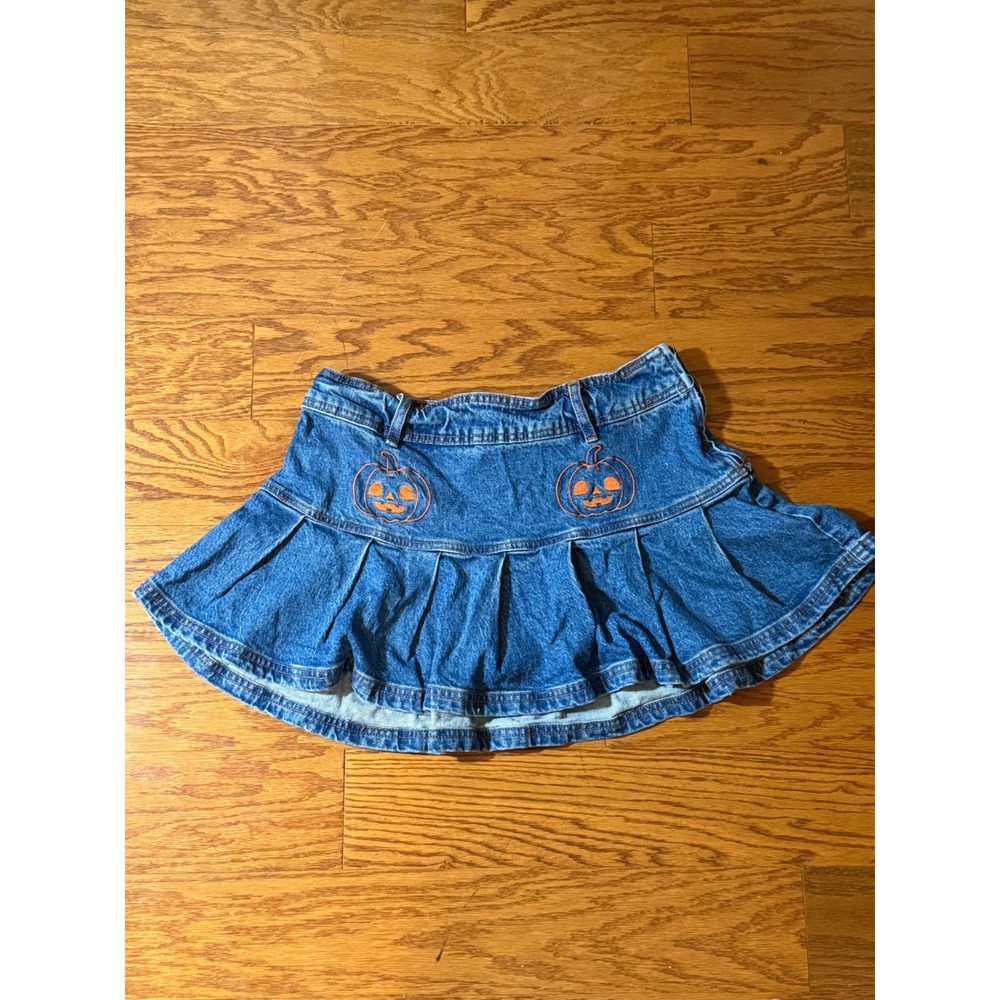 Hot Topic Mini Jean Blue Wash Halloween Orange Embroidered Pumpkin Sz M Side Zip